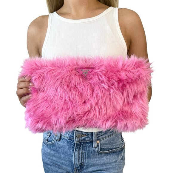 PRADA Vintage Logo Faux Fur Clutch Bag Zip Acrylic Polyester Pink  [105251] - Picture 1 of 13